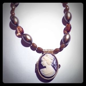 Beaded gold cameo locket necklace